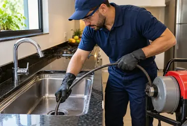 Profissional realizando desentupimento de pia com ferramentas especializadas.