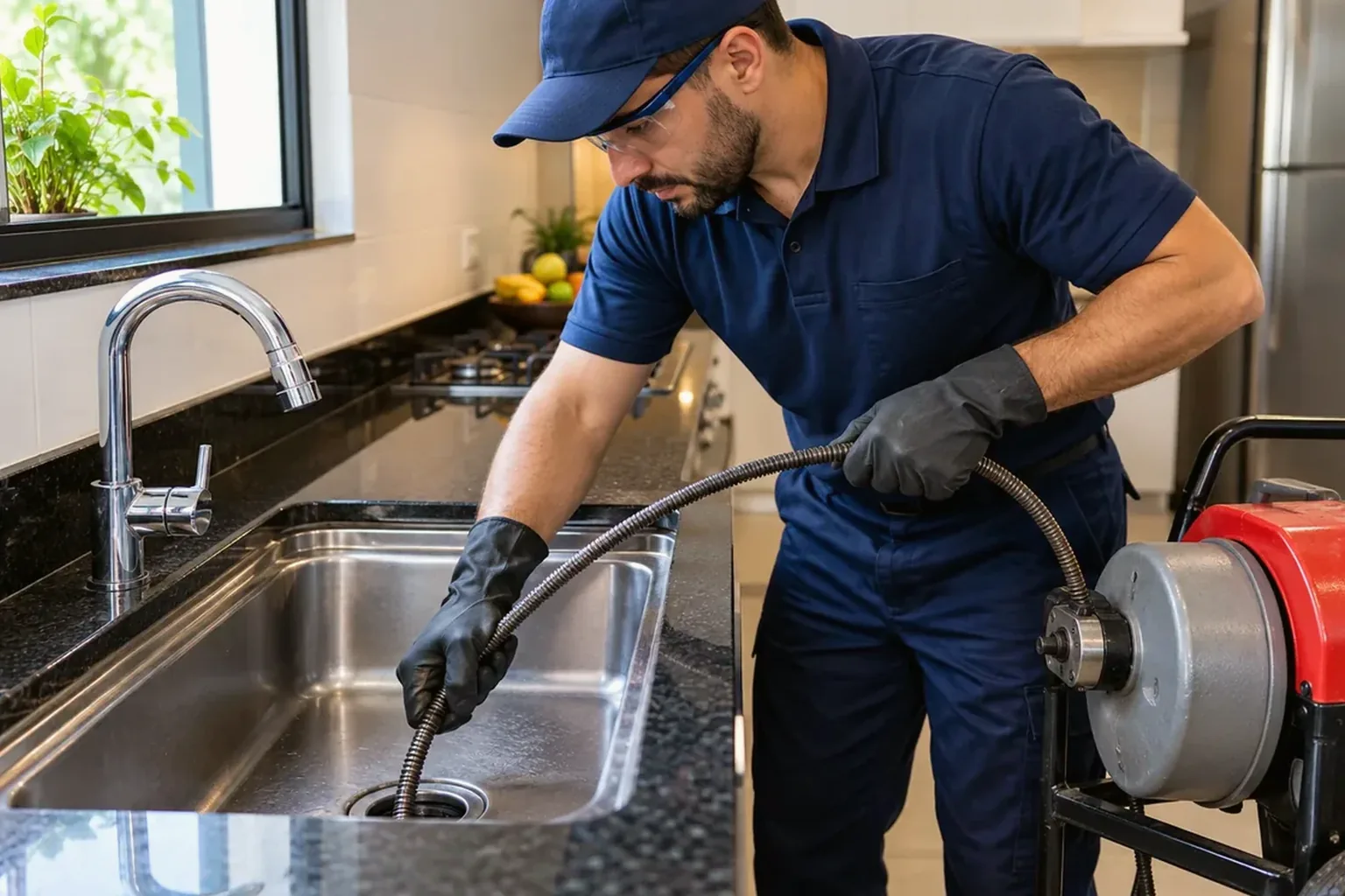 Profissional realizando desentupimento de pia com ferramentas especializadas.