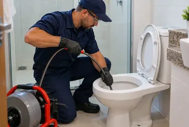Profissional realizando desentupimento de vaso sanitário com equipamento especializado.