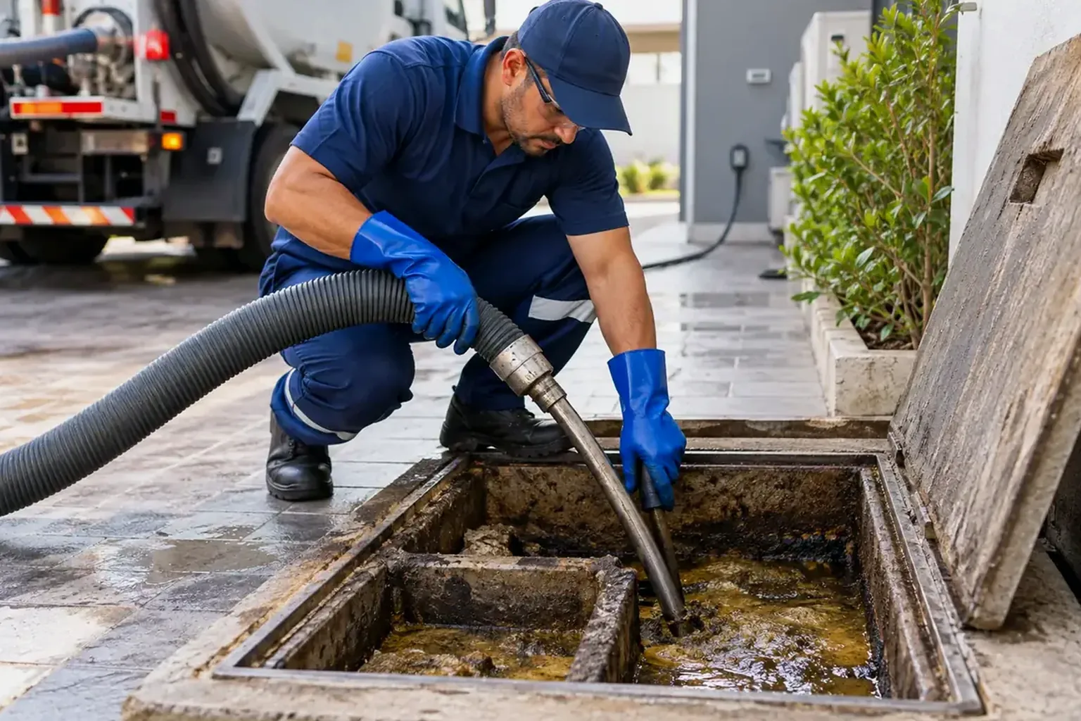 Profissional realizando limpeza de caixa de gordura com ferramentas apropriadas.