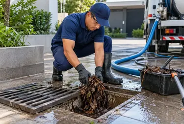 Técnico desentupindo rede pluvial com equipamentos de drenagem.