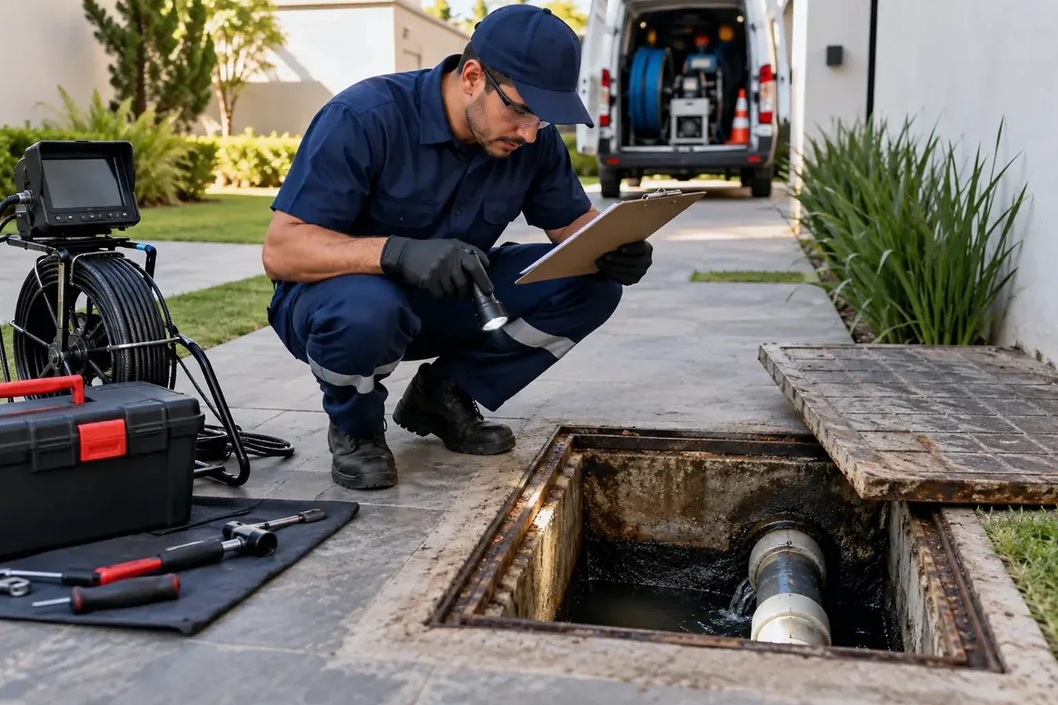Técnico executando manutenção preventiva na rede de esgoto.