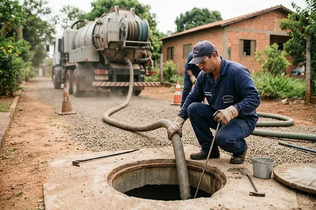 Técnico realizando limpeza de fossa séptica para garantir saúde pública.
