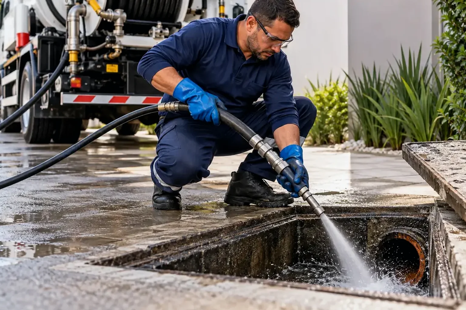 Técnico usando hidrojateamento em uma tubulação.